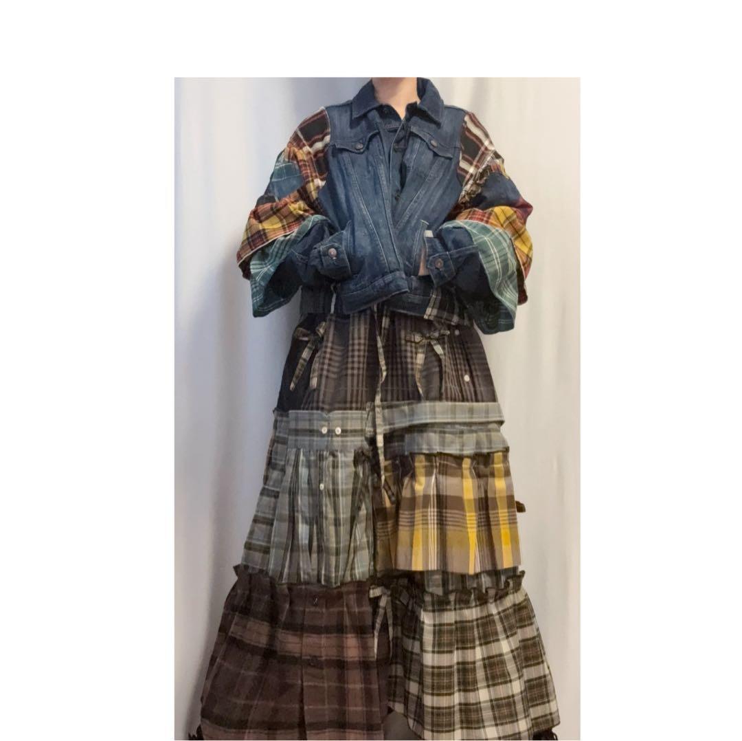 ③デニム・チェックフリルパッチワークジャケット 大きいサイズ/unisex