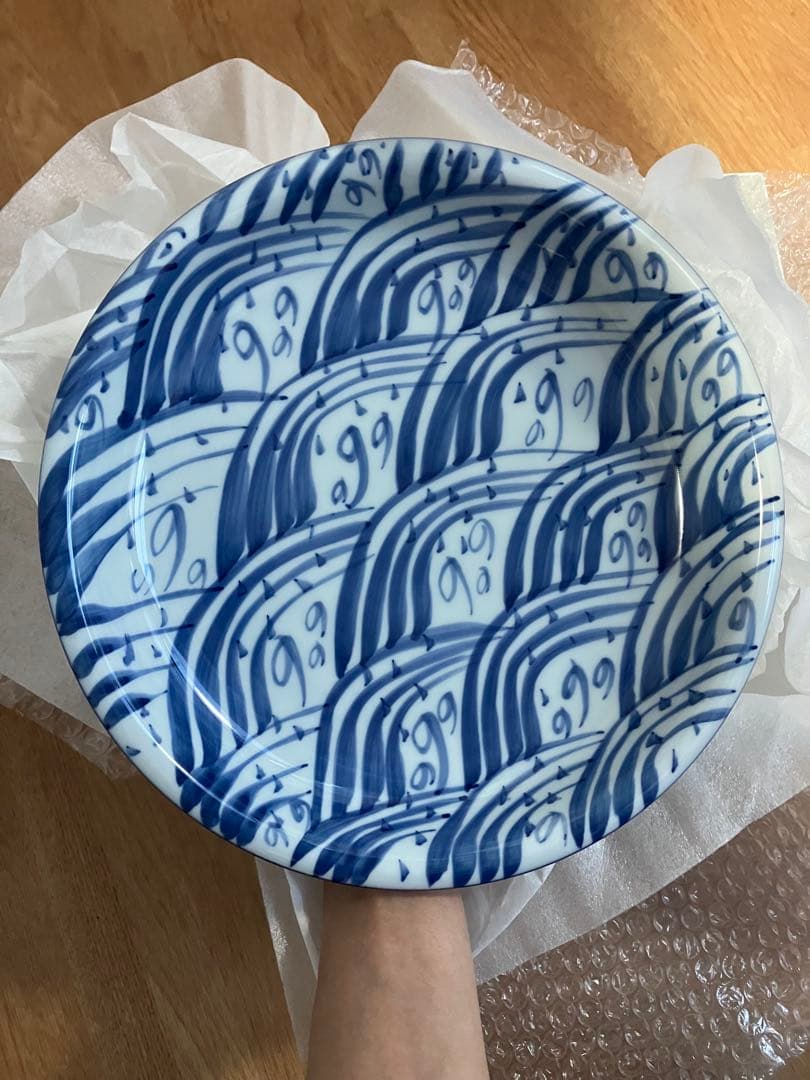 【新品】源右衛門 染付四海波 呉須 8寸皿 約25cm 箱入り 2枚揃え 工芸品