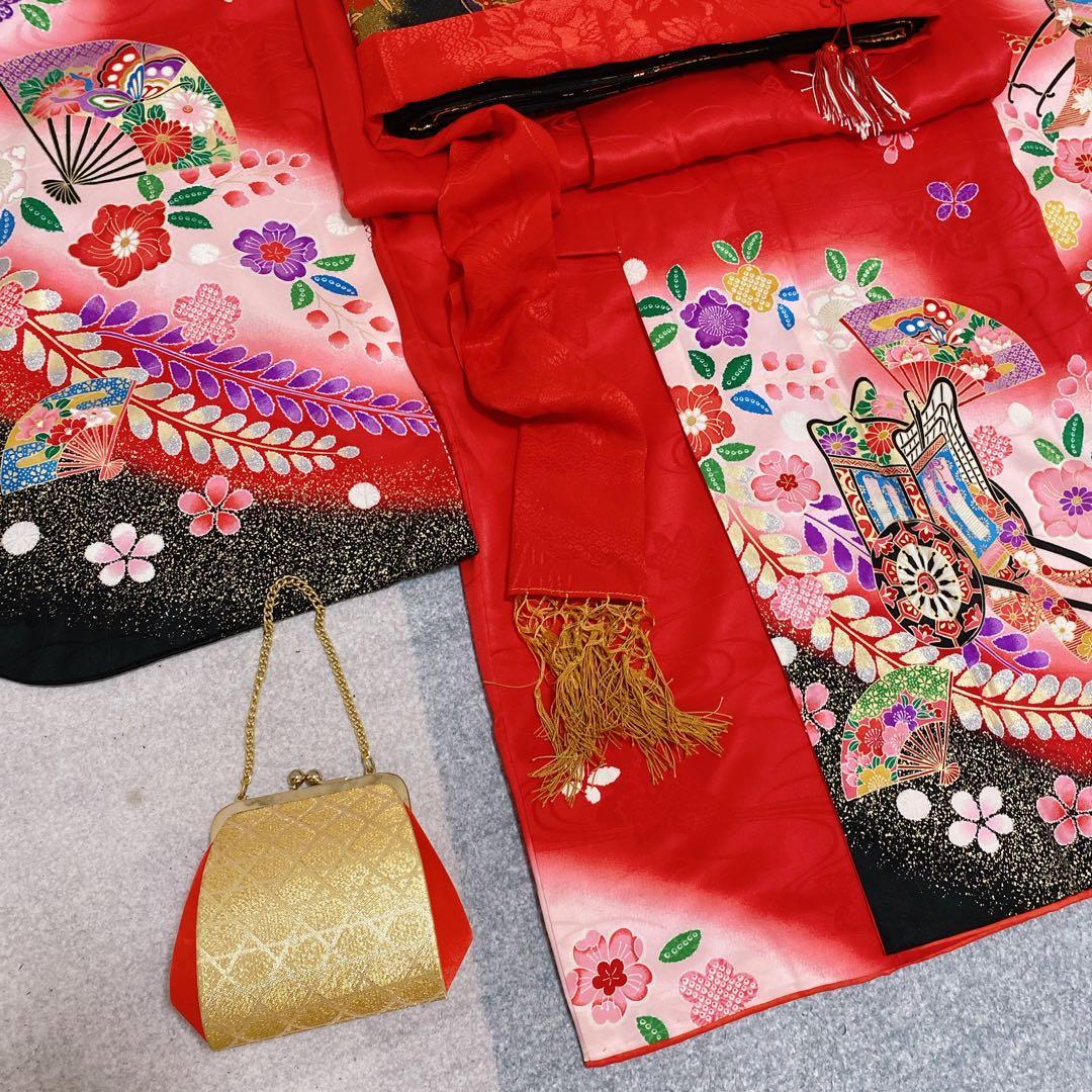 七五三 7歳 正絹 着物 袋帯 バッグ 草履 小物 フルセット 赤 金 黒