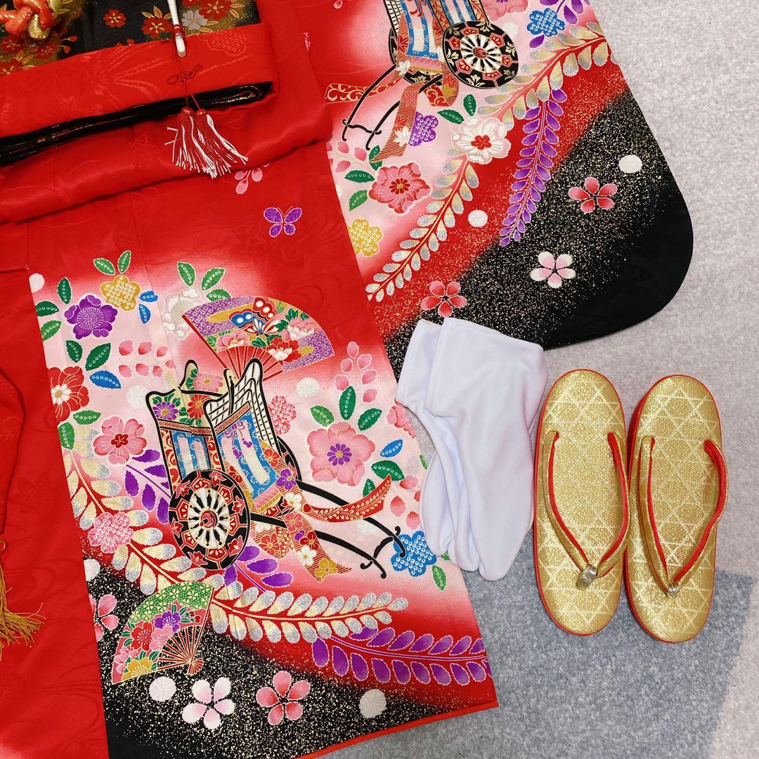 七五三 7歳 正絹 着物 袋帯 バッグ 草履 小物 フルセット 赤 金 黒