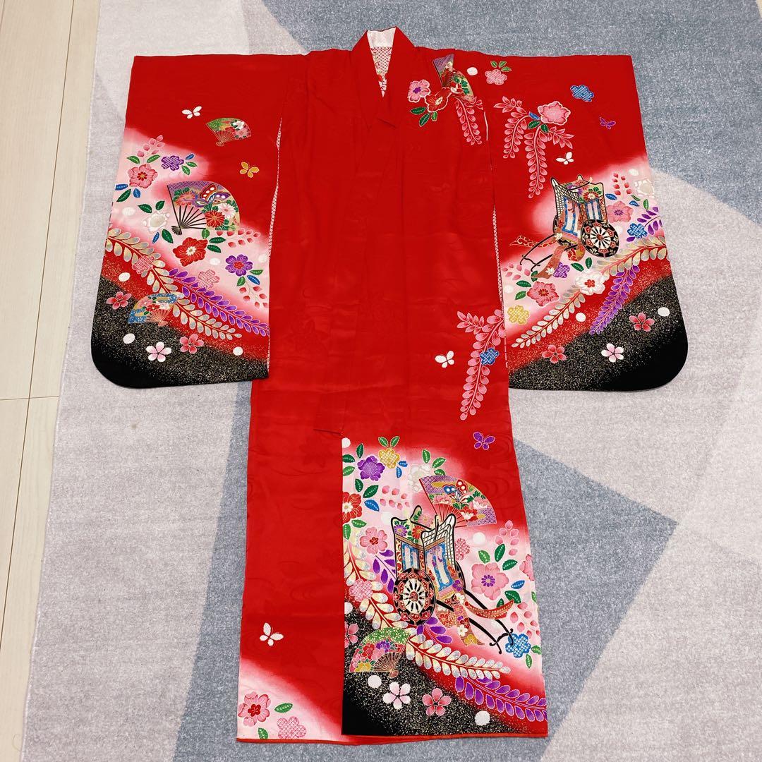 七五三 7歳 正絹 着物 袋帯 バッグ 草履 小物 フルセット 赤 金 黒