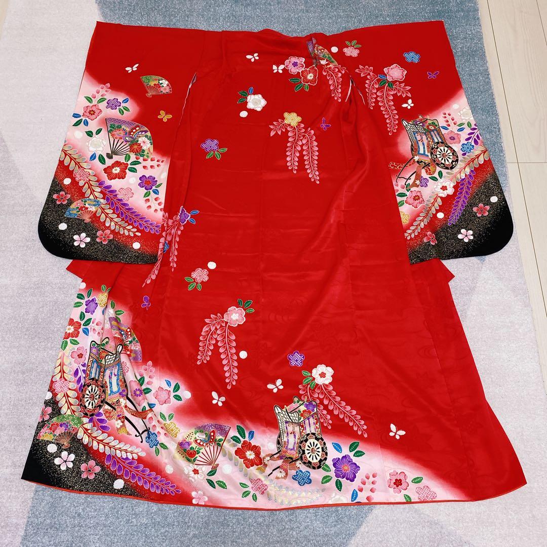 七五三 7歳 正絹 着物 袋帯 バッグ 草履 小物 フルセット 赤 金 黒