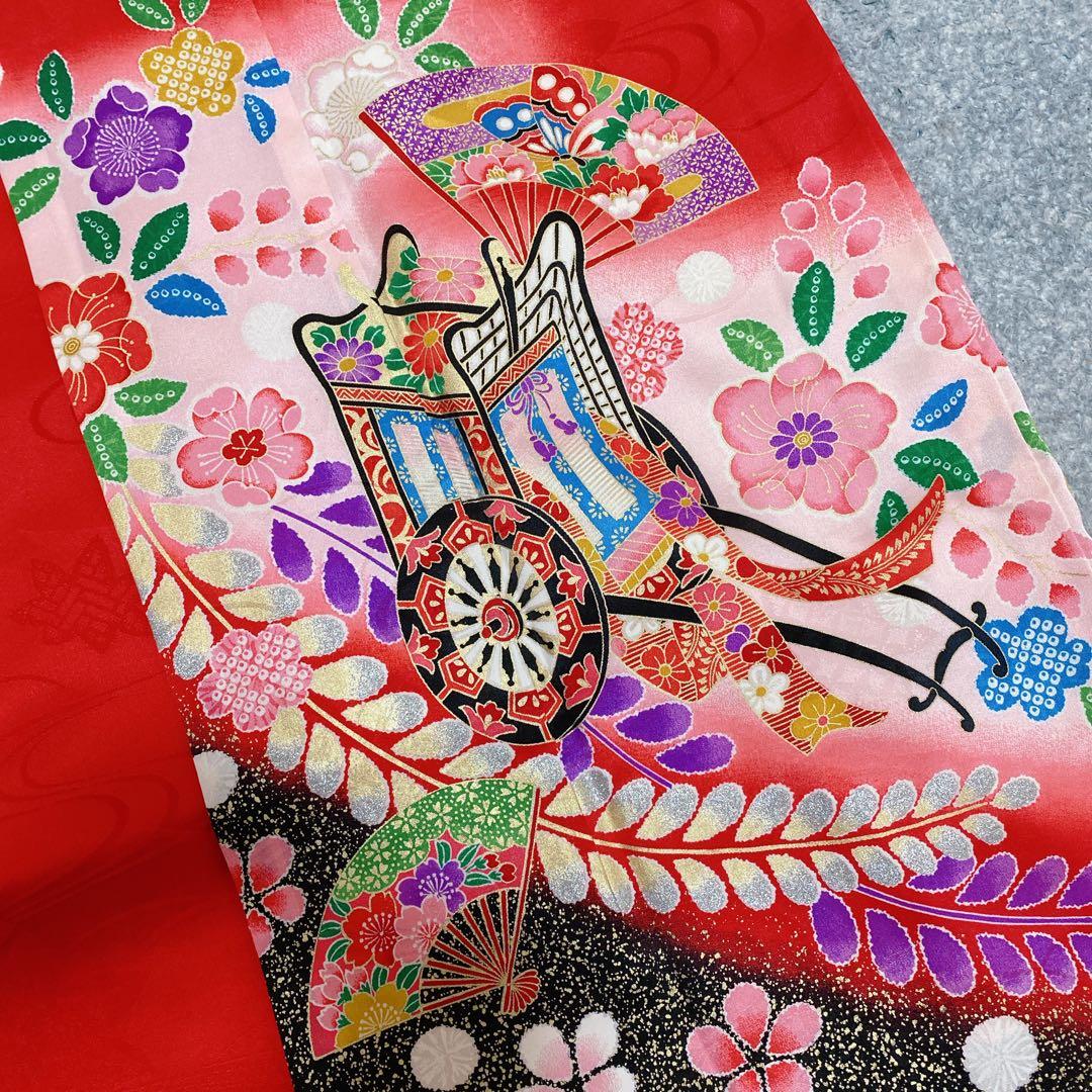 七五三 7歳 正絹 着物 袋帯 バッグ 草履 小物 フルセット 赤 金 黒