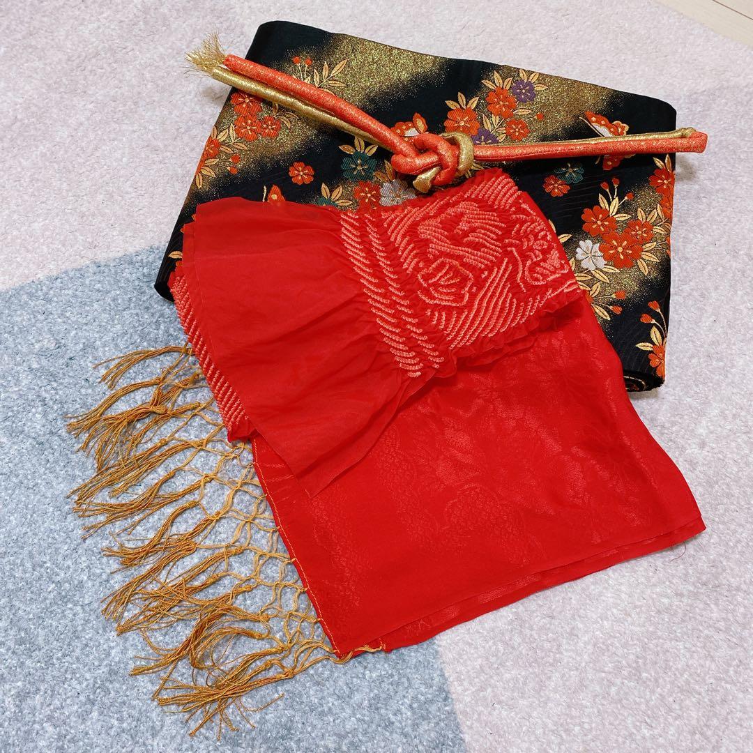 七五三 7歳 正絹 着物 袋帯 バッグ 草履 小物 フルセット 赤 金 黒