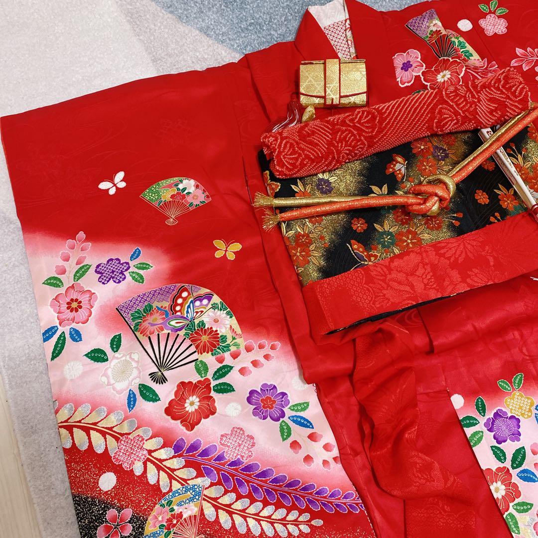 七五三 7歳 正絹 着物 袋帯 バッグ 草履 小物 フルセット 赤 金 黒