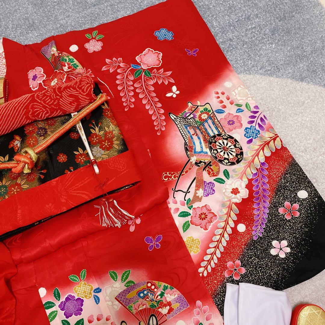 七五三 7歳 正絹 着物 袋帯 バッグ 草履 小物 フルセット 赤 金 黒