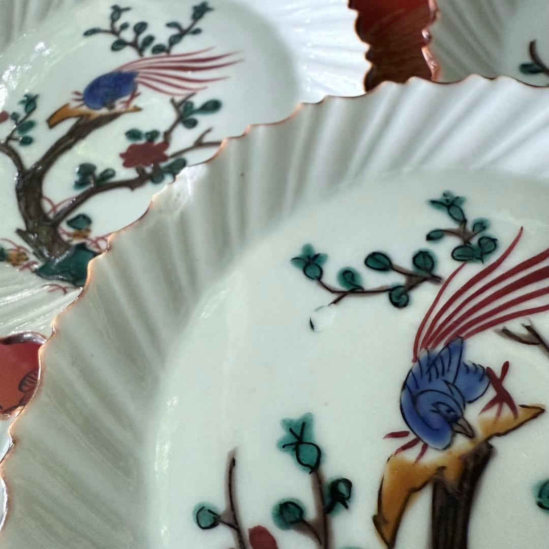 2164感謝‼️夏の倣い古九谷‼️幸せ強運の色絵花鳥図在銘福波打つ小皿4客➕1客プレ