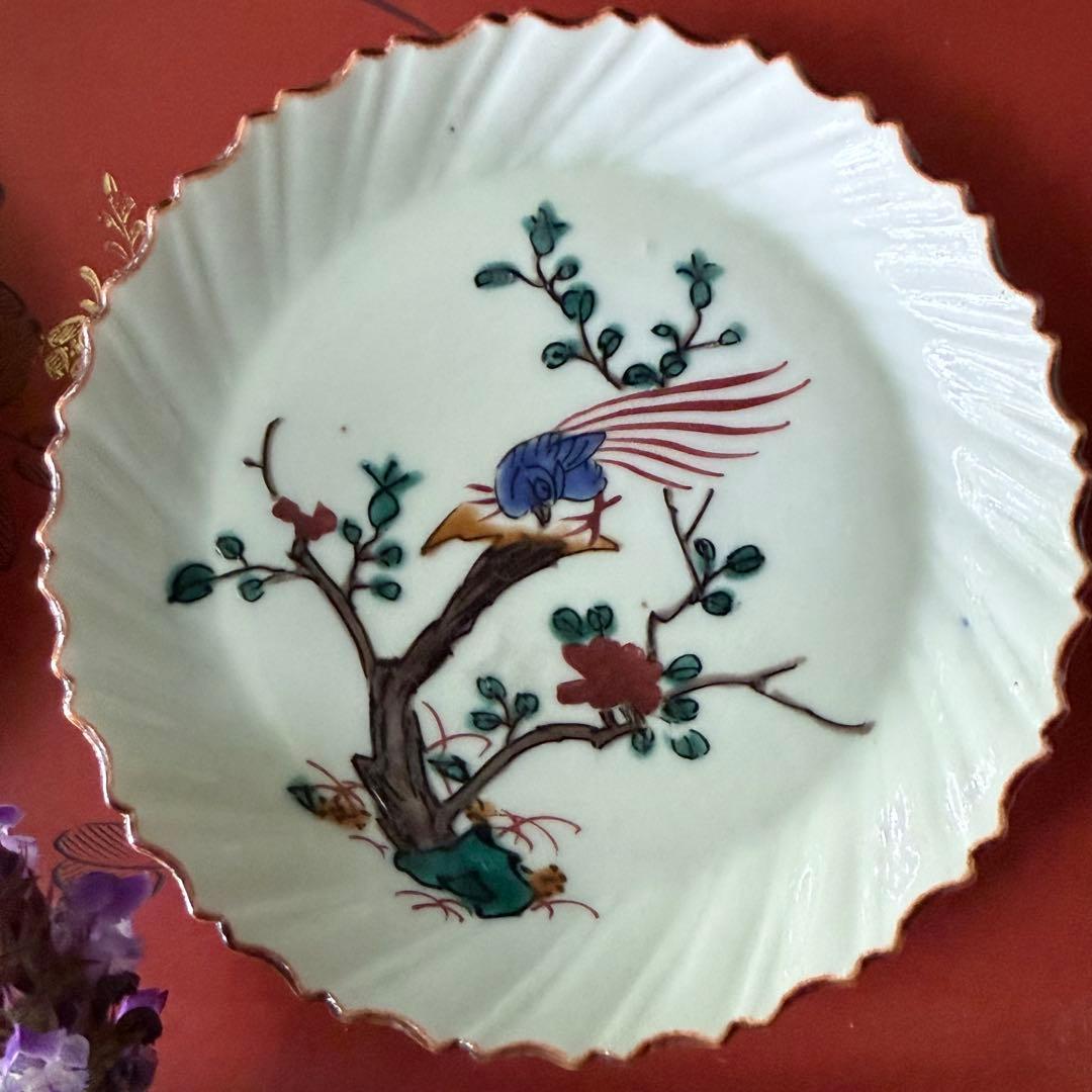 2164感謝‼️夏の倣い古九谷‼️幸せ強運の色絵花鳥図在銘福波打つ小皿4客➕1客プレ