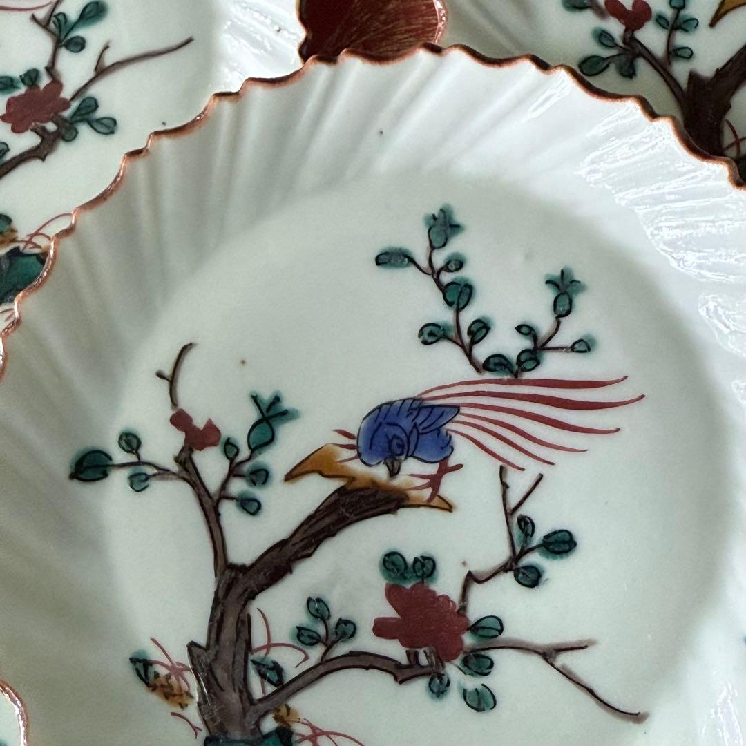 2164感謝‼️夏の倣い古九谷‼️幸せ強運の色絵花鳥図在銘福波打つ小皿4客➕1客プレ