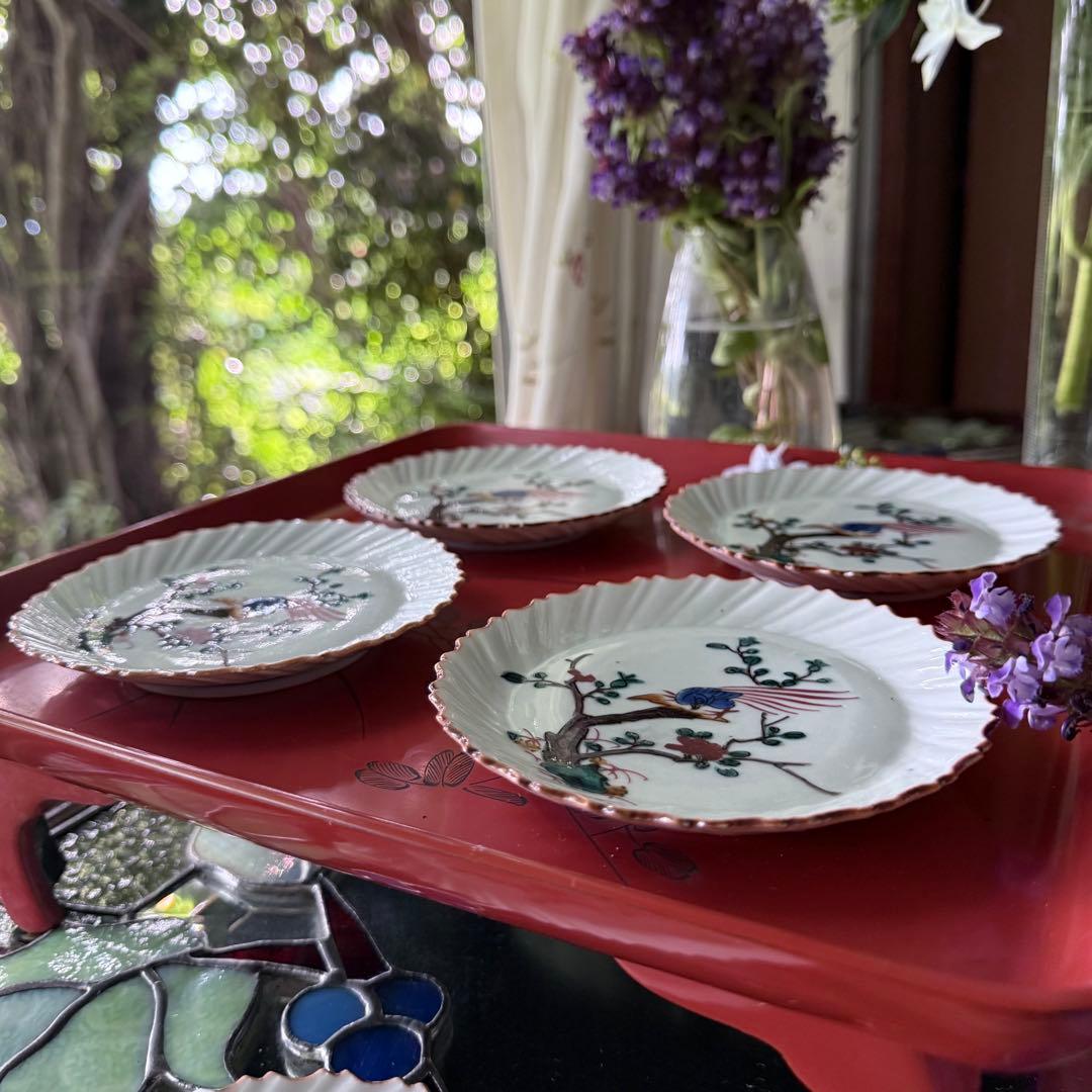 2164感謝‼️夏の倣い古九谷‼️幸せ強運の色絵花鳥図在銘福波打つ小皿4客➕1客プレ