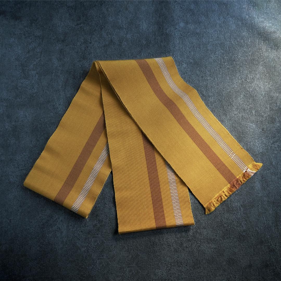 【特別最終SALE 】本場黄八丈 正絹 半幅帯♪ 草木染め 縞 黄金色 茶色 縞