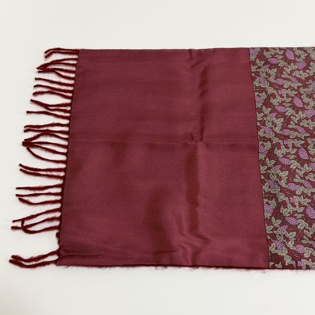 HERMES エルメス シルク カシミヤ フリンジマフラー 葡萄柄 ワインレッド