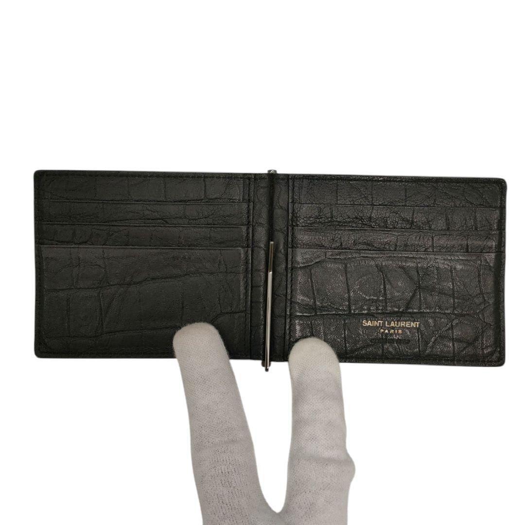 サンローラン　マネークリップ　カサンドラ　クロコ型押しレザー　ブラック　YSL