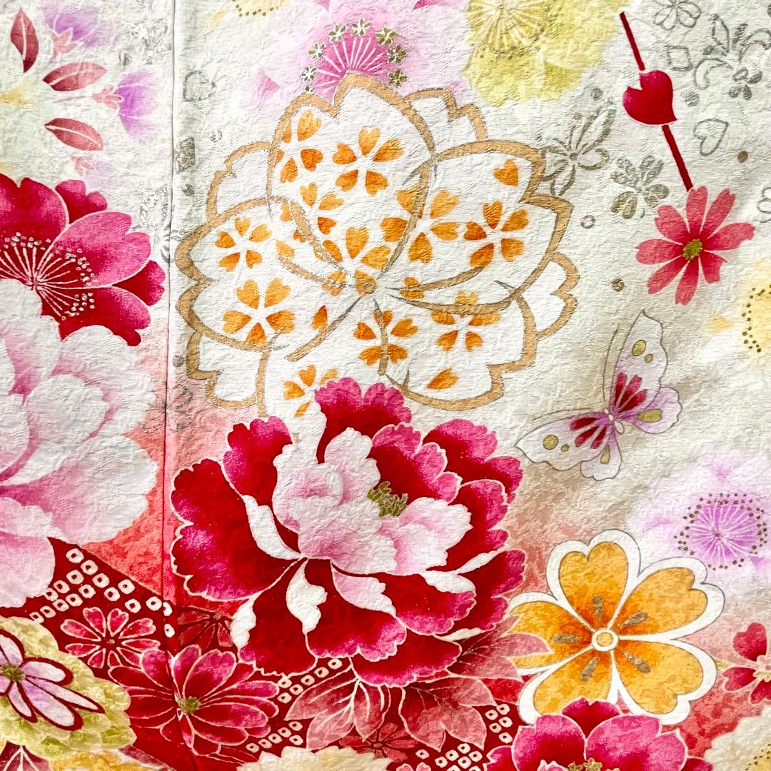 ［振袖］正絹　やわらかい白　生成り　桜　牡丹　蝶　箔　成人式