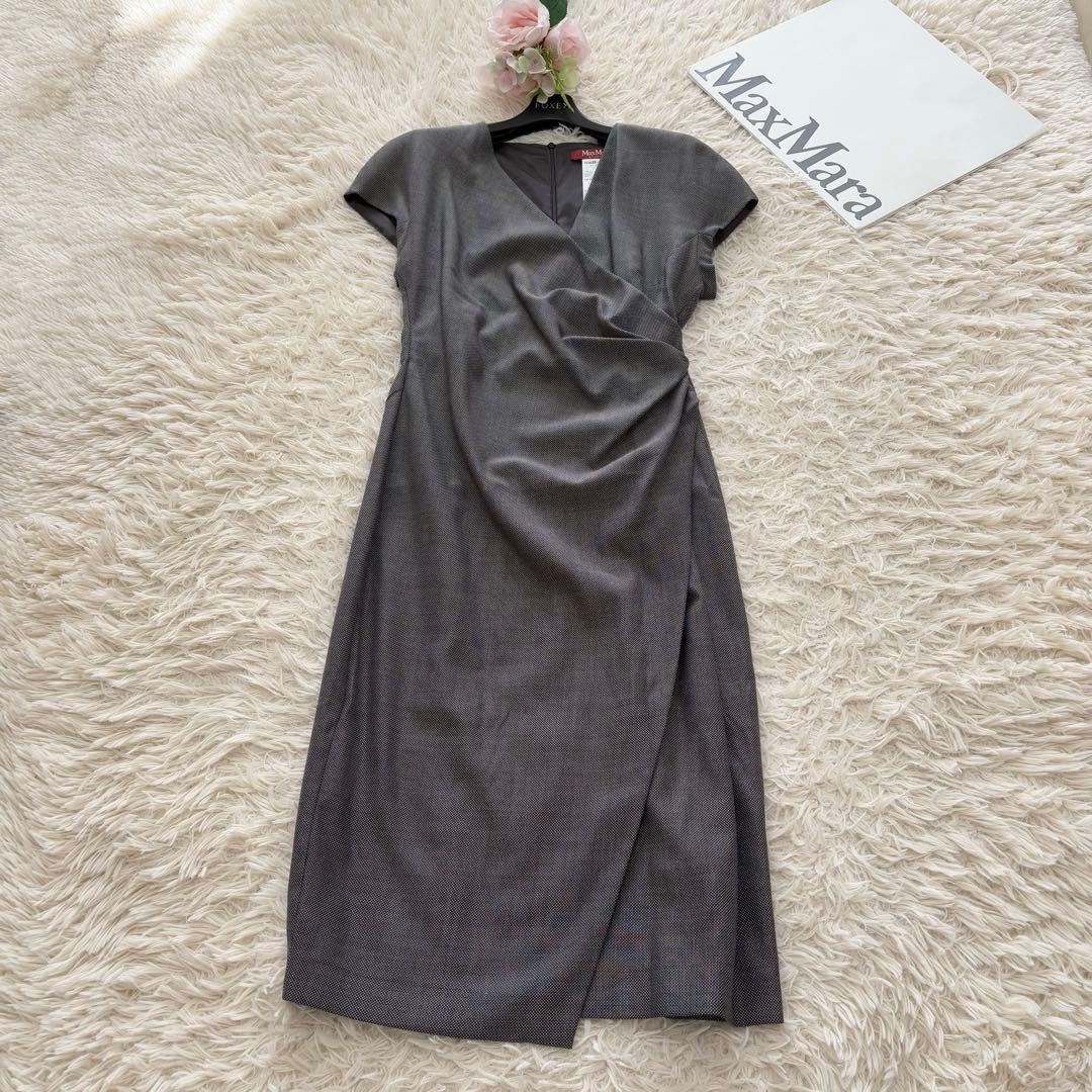 マックスマーラ　大きいサイズ　シルクウールカシュクールワンピース　グレー　44