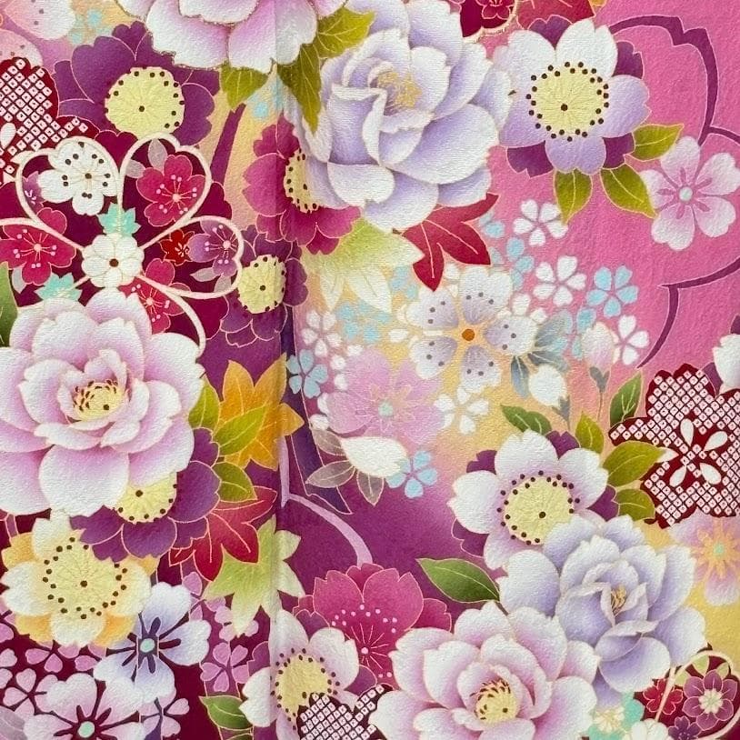 ゆりのはな　本振袖　京友禅ボカシ染め　花柄　ピンク/赤紫色系　正絹　J205