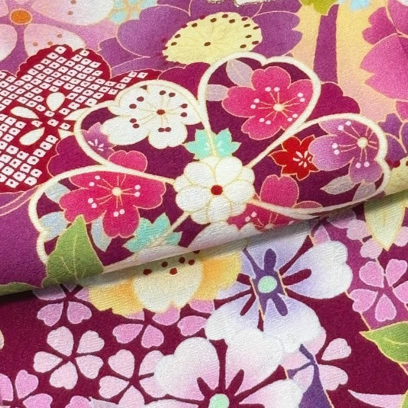 ゆりのはな　本振袖　京友禅ボカシ染め　花柄　ピンク/赤紫色系　正絹　J205