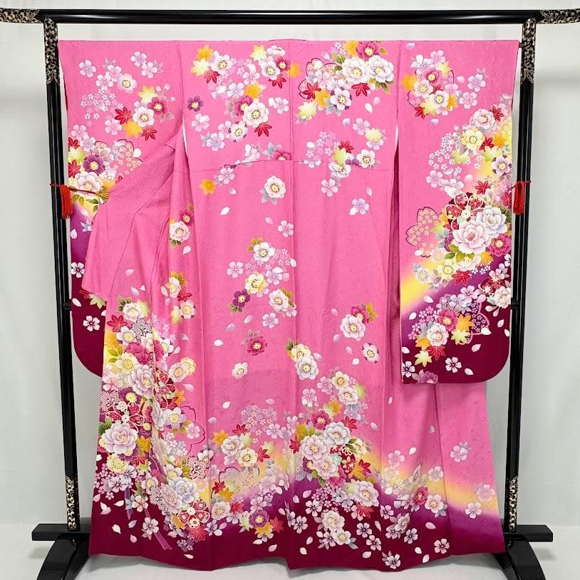 ゆりのはな　本振袖　京友禅ボカシ染め　花柄　ピンク/赤紫色系　正絹　J205