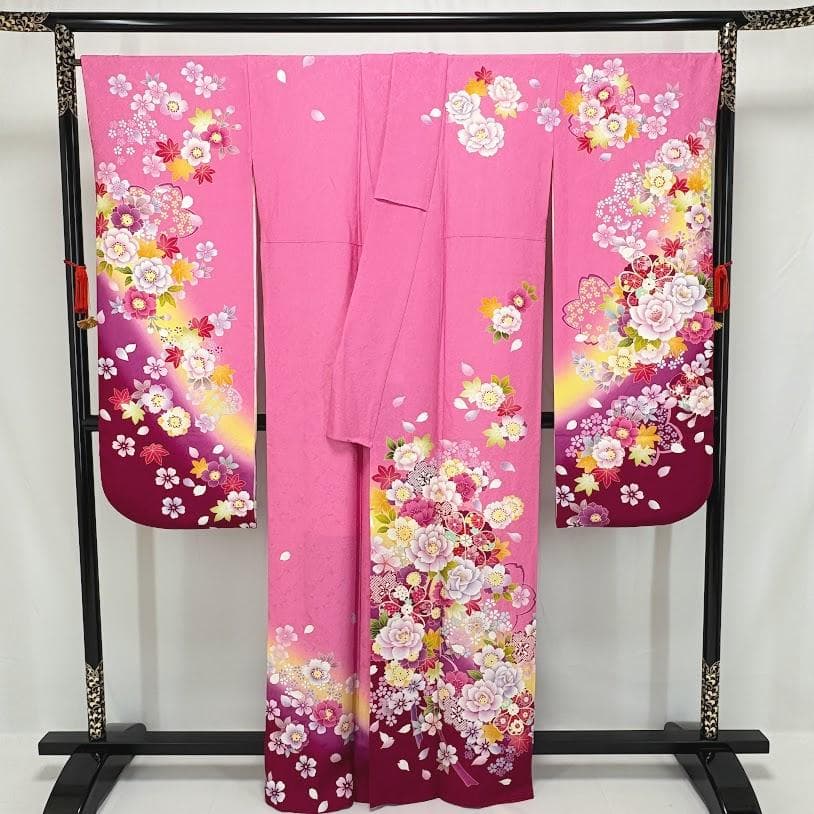 ゆりのはな　本振袖　京友禅ボカシ染め　花柄　ピンク/赤紫色系　正絹　J205