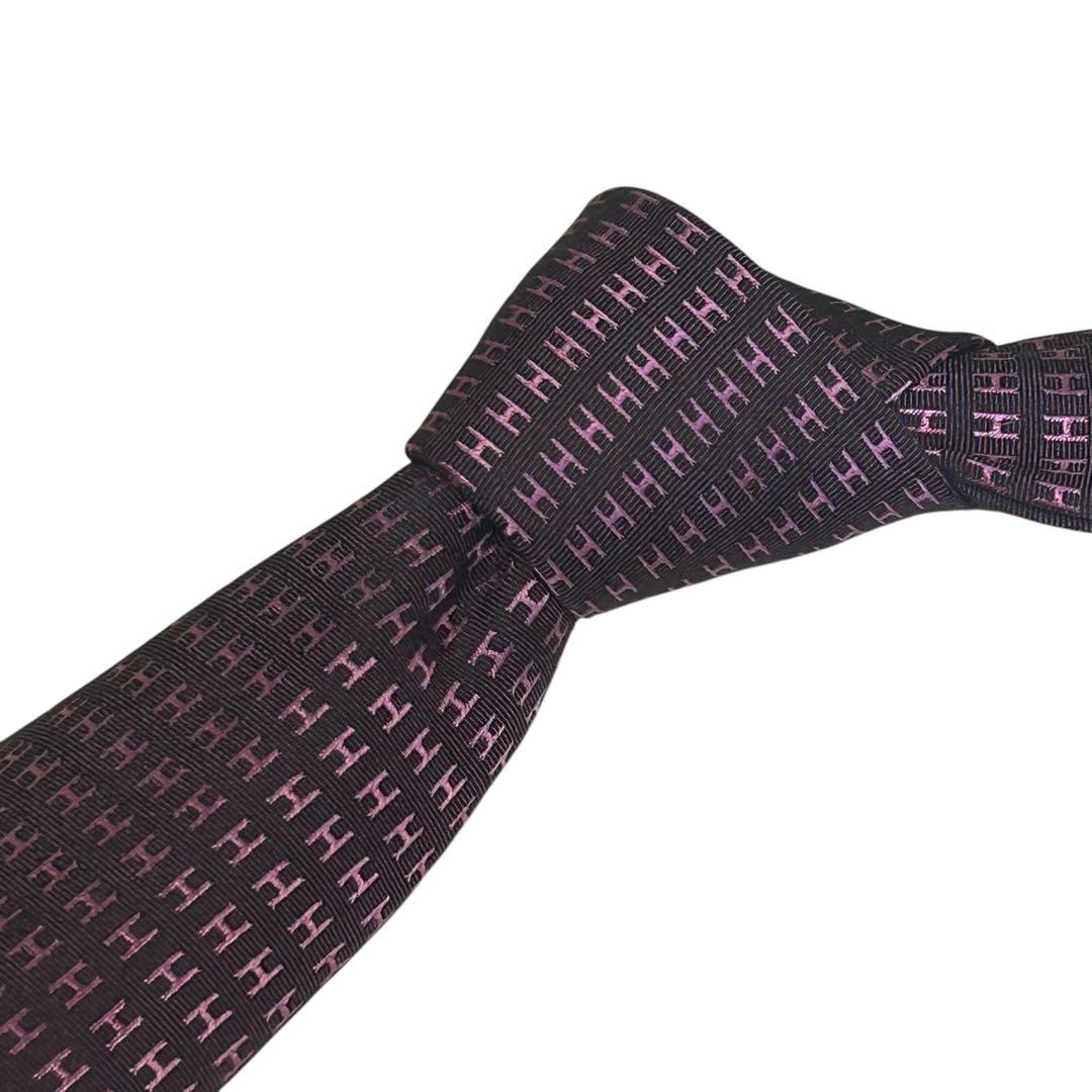 極美品　エルメス　シルクHロゴタイ　ブラウン×ピンク8cm