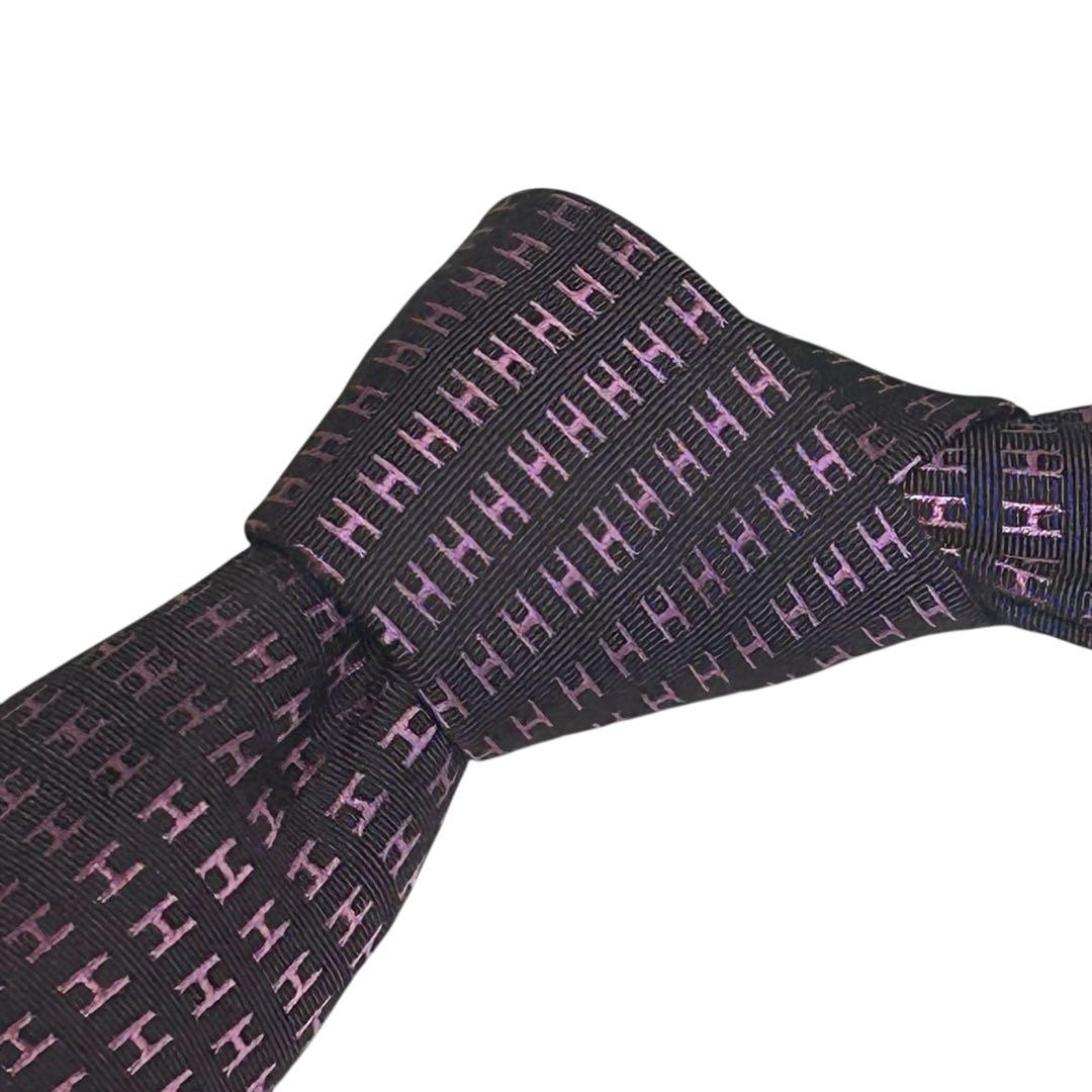 極美品　エルメス　シルクHロゴタイ　ブラウン×ピンク8cm