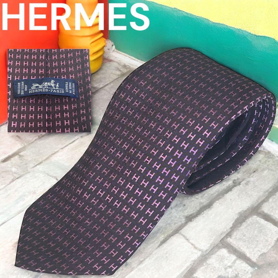 極美品　エルメス　シルクHロゴタイ　ブラウン×ピンク8cm