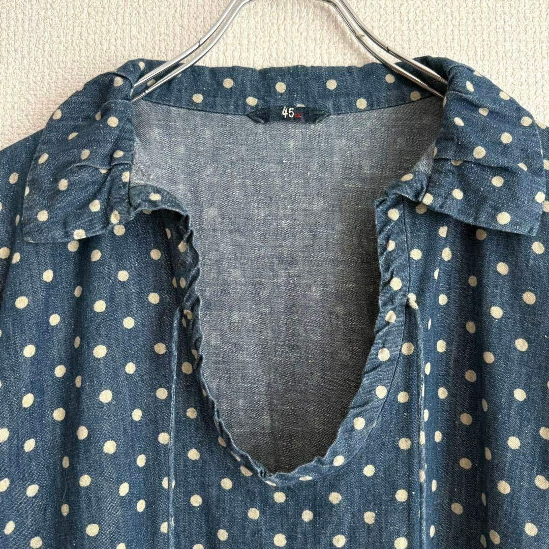 【極美品】45R インディゴ 水玉 ドレス 藍染め コットン100%