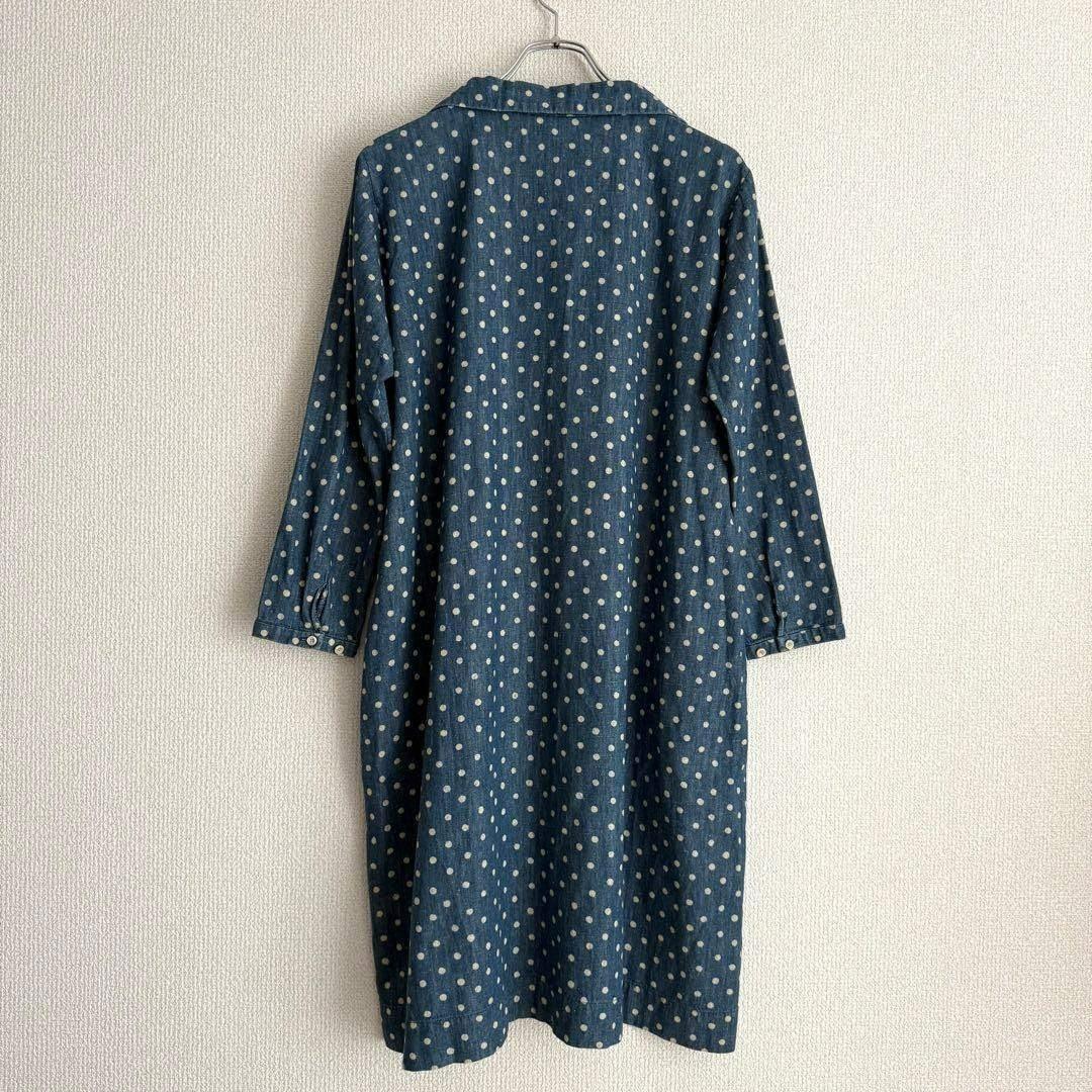 【極美品】45R インディゴ 水玉 ドレス 藍染め コットン100%