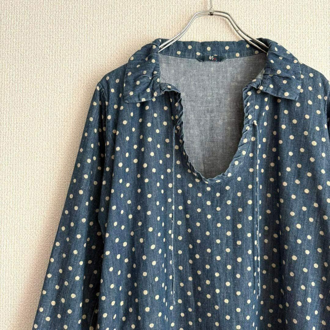 【極美品】45R インディゴ 水玉 ドレス 藍染め コットン100%