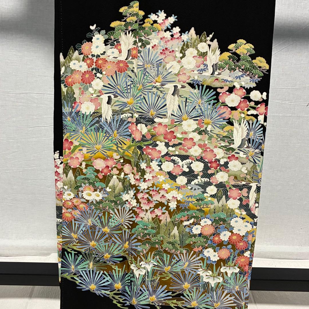 D128 黒留袖 友禅 落款入 鶴 花模様 正絹 着物 袷 極美品