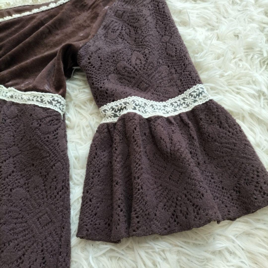 LIZLISA ダークブラウン ベルベット 七分袖 ベロア切替え フレアスリーブ