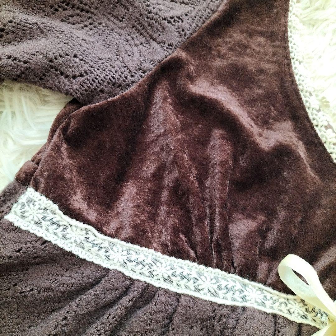 LIZLISA ダークブラウン ベルベット 七分袖 ベロア切替え フレアスリーブ