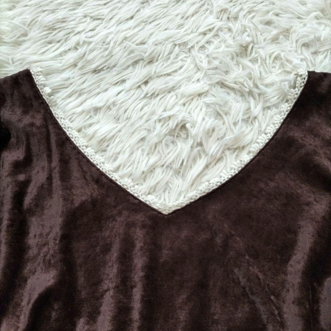 LIZLISA ダークブラウン ベルベット 七分袖 ベロア切替え フレアスリーブ