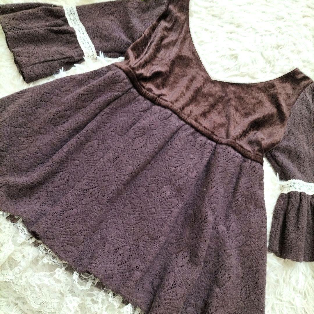 LIZLISA ダークブラウン ベルベット 七分袖 ベロア切替え フレアスリーブ