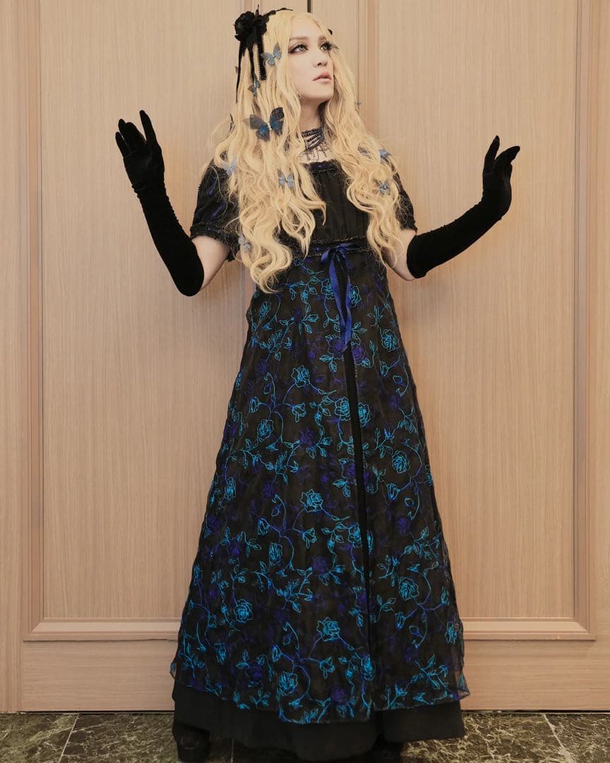 Moi-même-Moitié オーガンジー薔薇・ハイウェストロングドレス