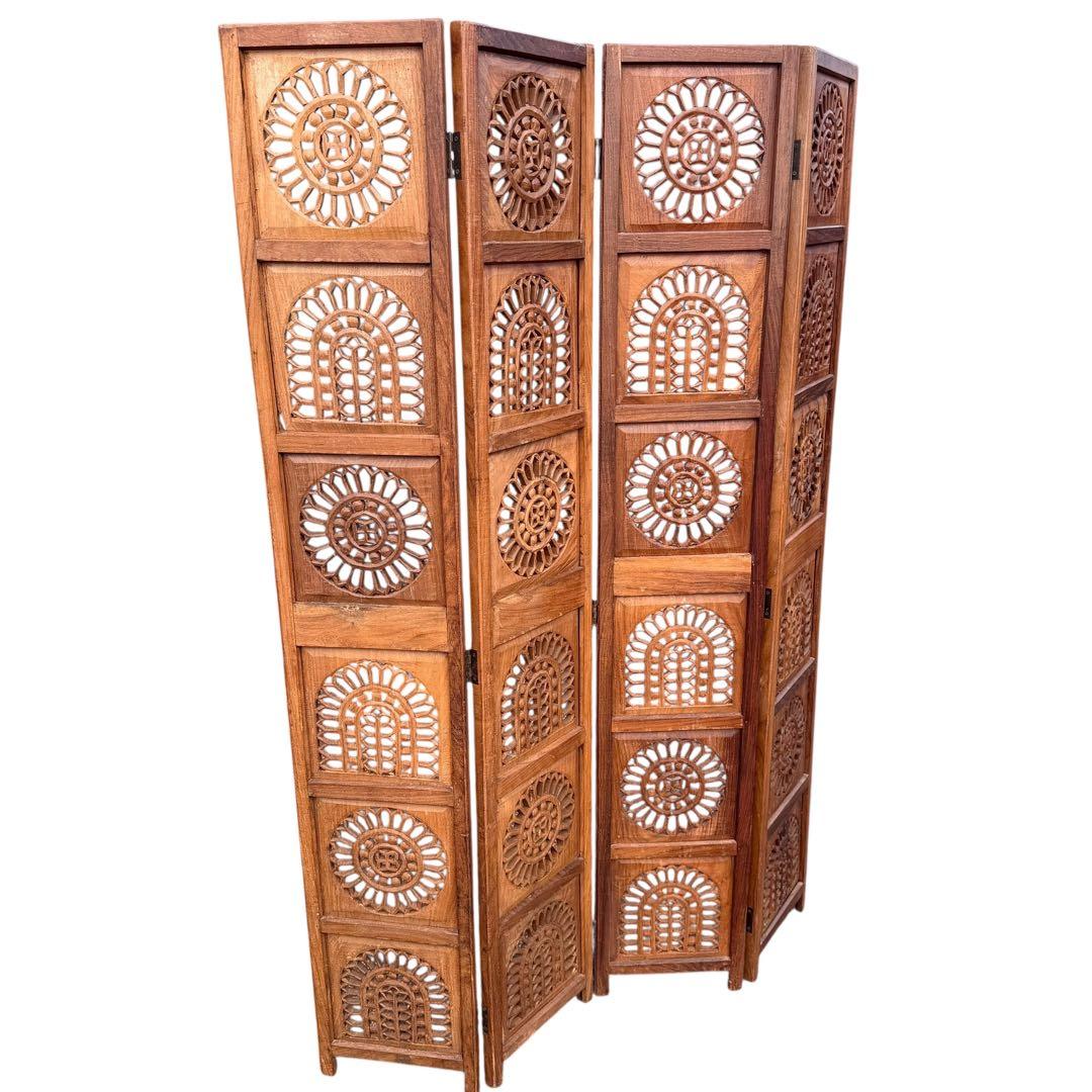 彫刻アンティーク 木製パーテーション 4連 透かし彫り 間仕切り