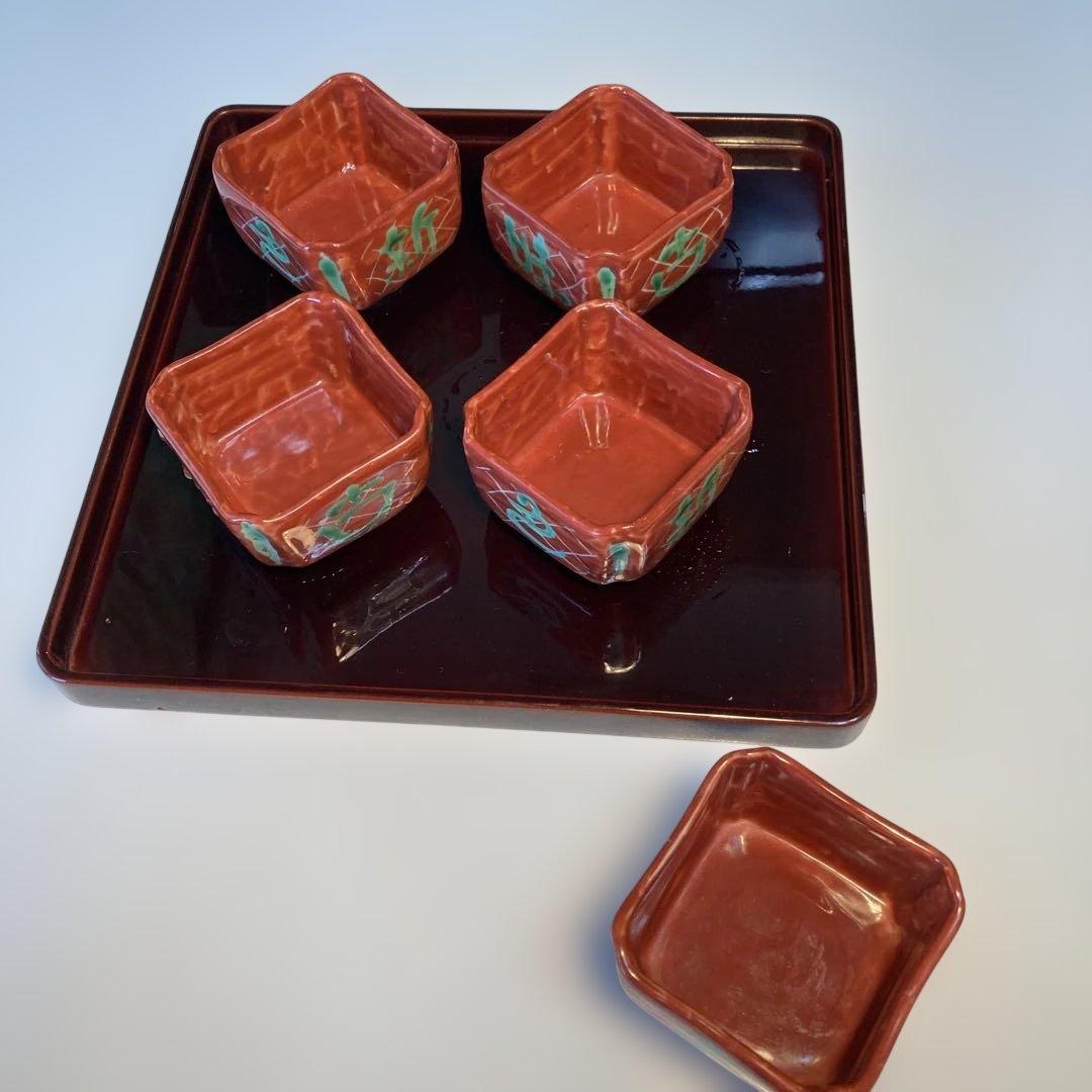 九谷焼　須田菁華　赤地緑彩　四角小鉢　5客揃い　（76）