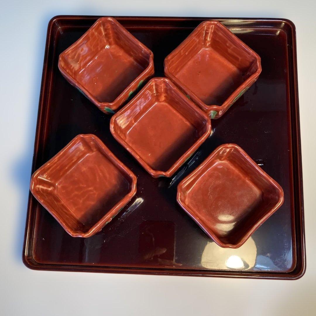 九谷焼　須田菁華　赤地緑彩　四角小鉢　5客揃い　（76）