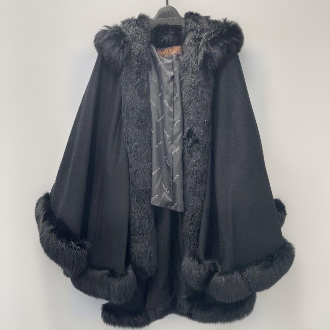 【新品・未使用品】ブラックカシミヤ100%・毛皮FOXのポンチョ・フード付き