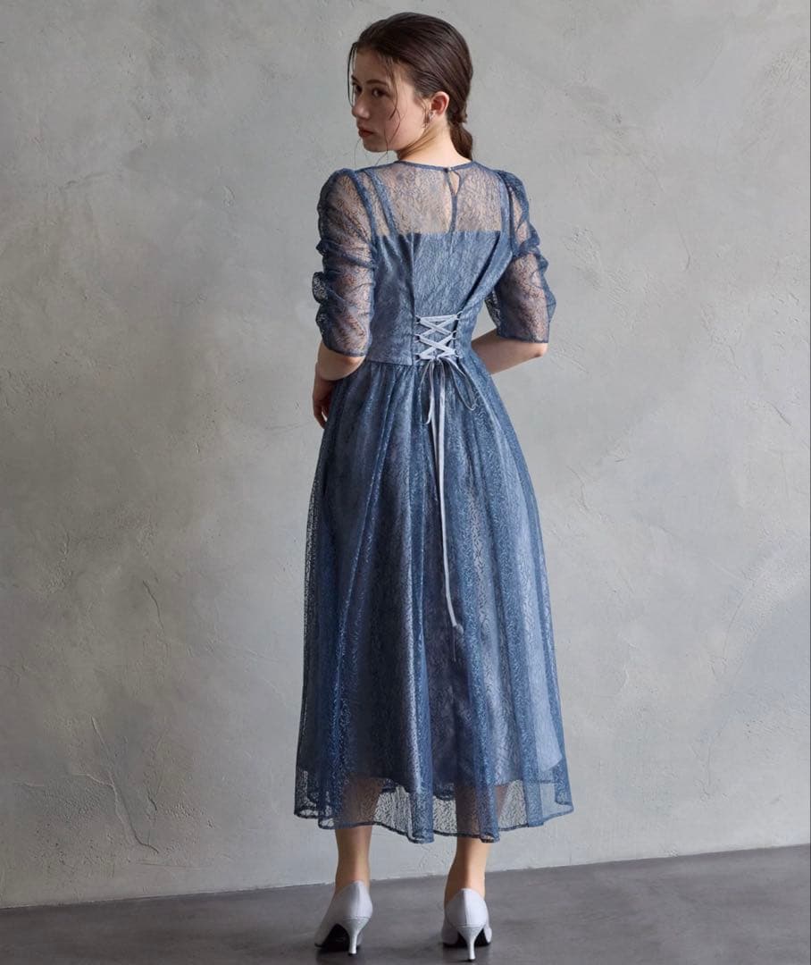 ギャザースリーブレースアップパーティードレス