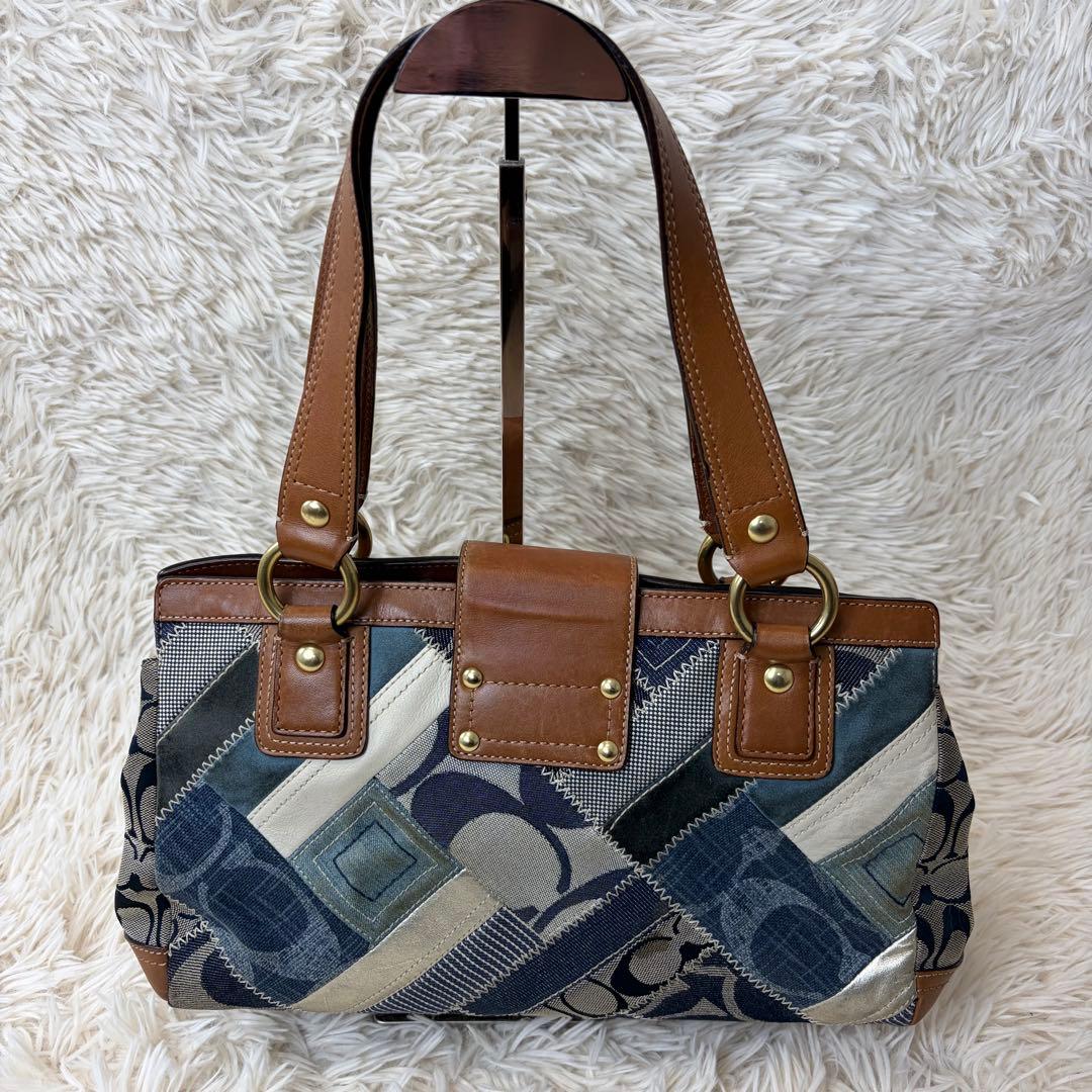 コーチ トートバッグ レザー パッチワーク ターンロック ゴールド金具 デニム