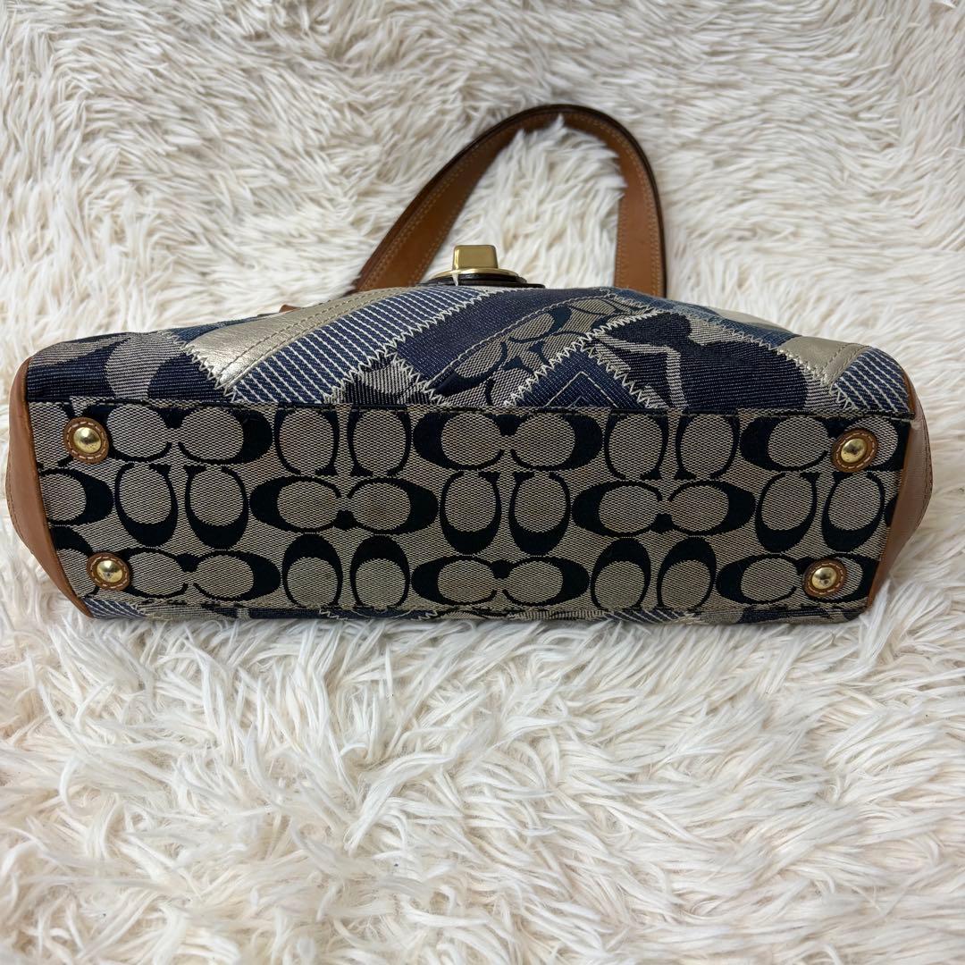 コーチ トートバッグ レザー パッチワーク ターンロック ゴールド金具 デニム