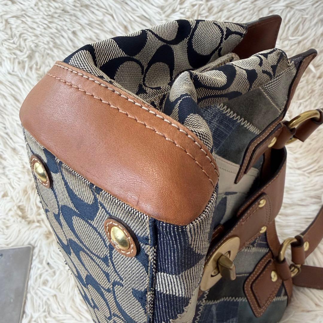 コーチ トートバッグ レザー パッチワーク ターンロック ゴールド金具 デニム