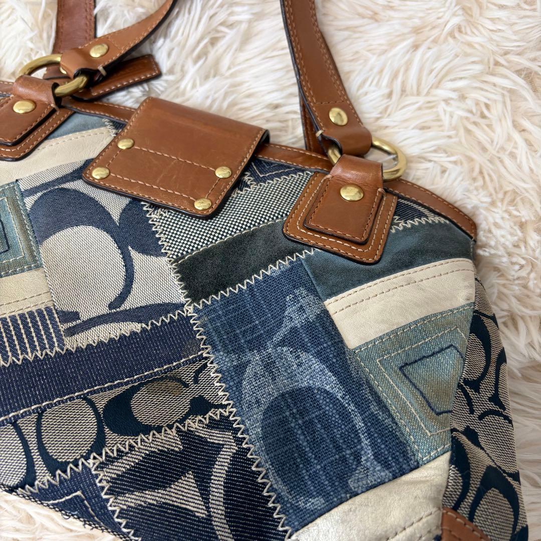 コーチ トートバッグ レザー パッチワーク ターンロック ゴールド金具 デニム