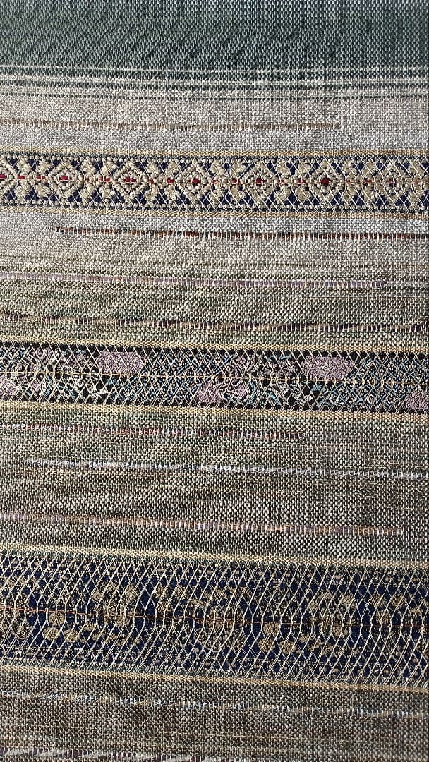 袋帯　太鼓柄　縞　灰緑　金銀糸箔 両面