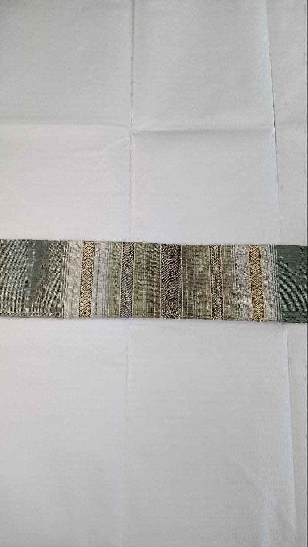 袋帯　太鼓柄　縞　灰緑　金銀糸箔 両面