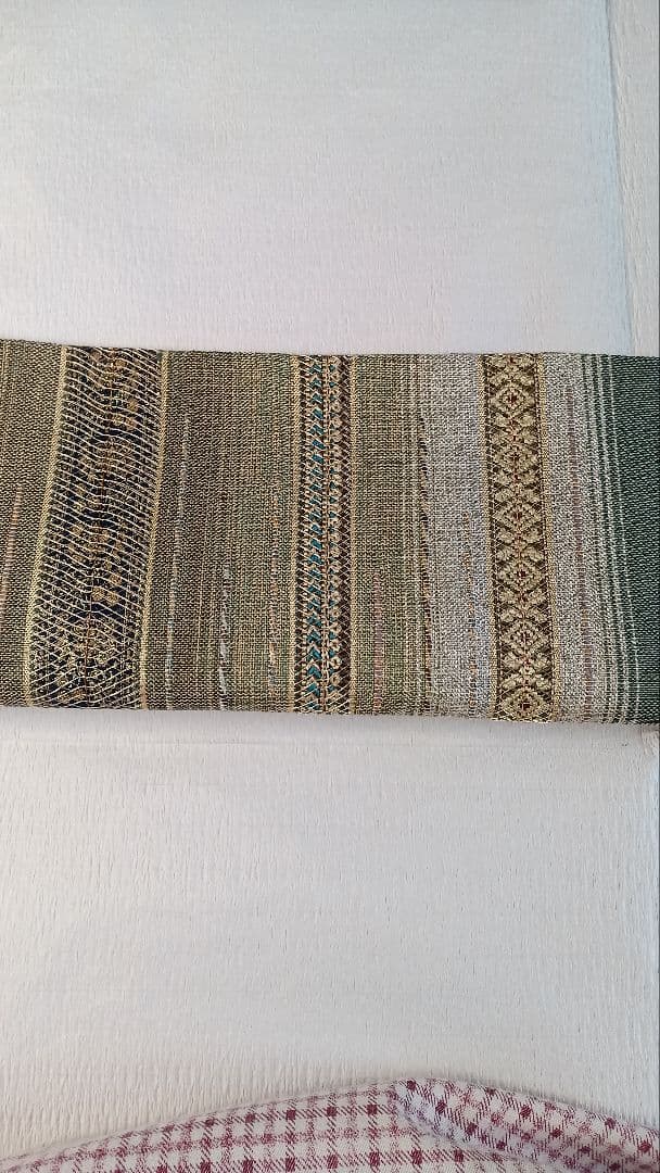 袋帯　太鼓柄　縞　灰緑　金銀糸箔 両面