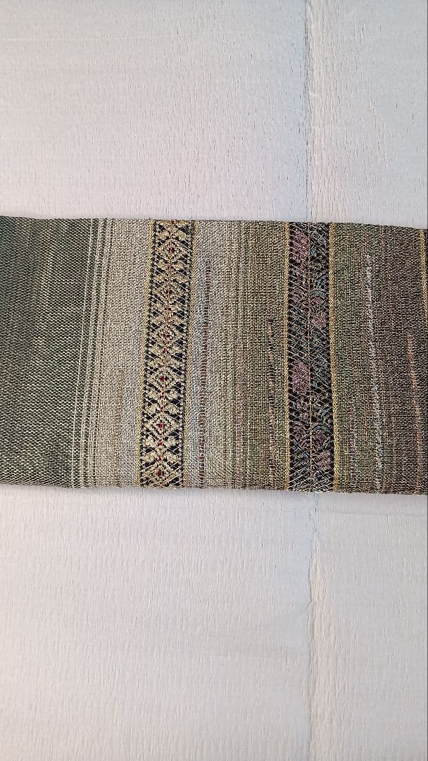 袋帯　太鼓柄　縞　灰緑　金銀糸箔 両面