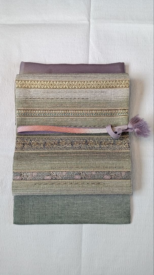 袋帯　太鼓柄　縞　灰緑　金銀糸箔 両面