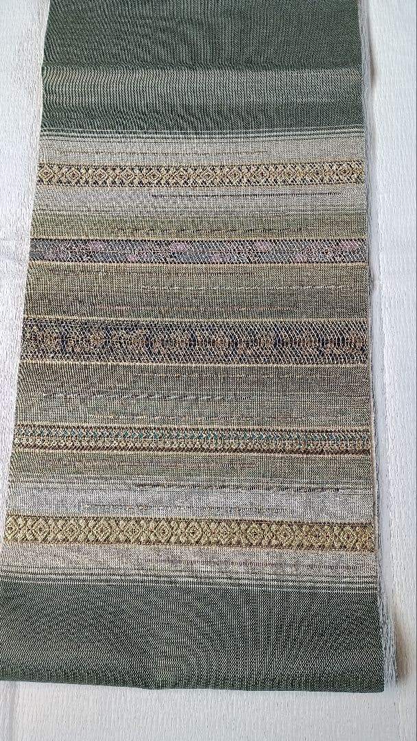 袋帯　太鼓柄　縞　灰緑　金銀糸箔 両面